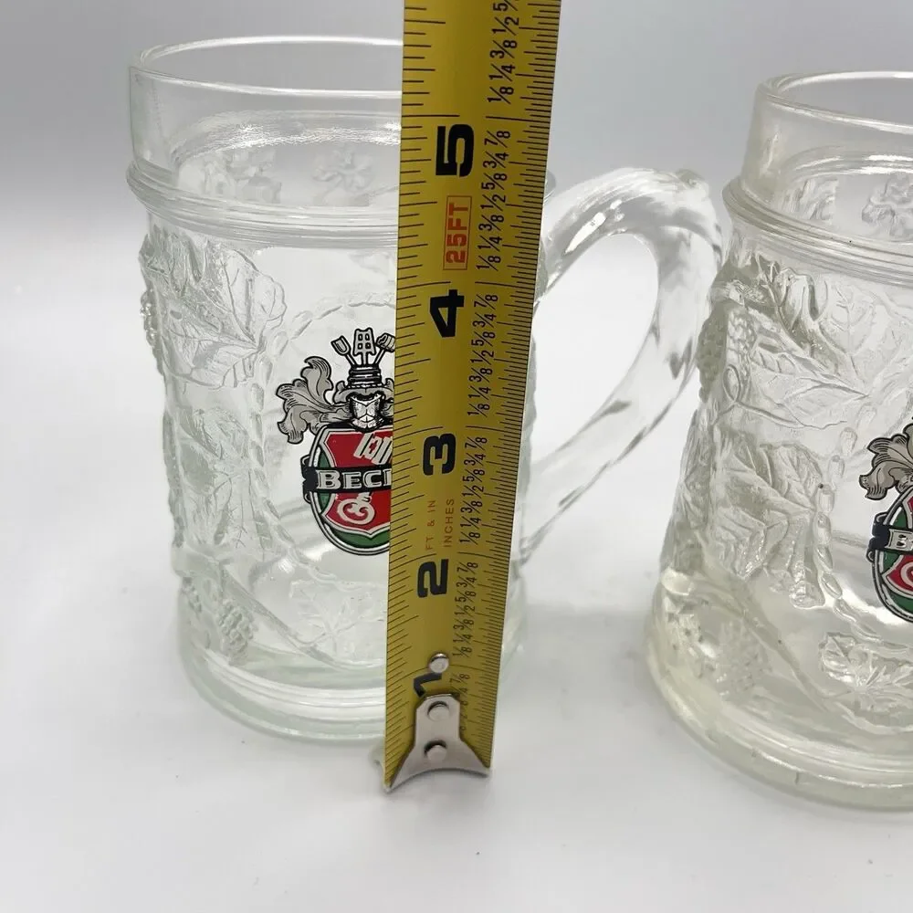 Becks Beer Heavy Thick Glass Mug Stein Grape Leaf Design Germany Set Of 2